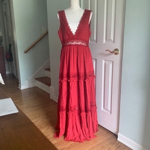 Crochet Detail Rust Red Tiered Maxi Dress